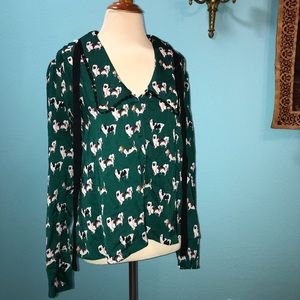 ZARA Dog Print Shoulder Pad Tie Blouse